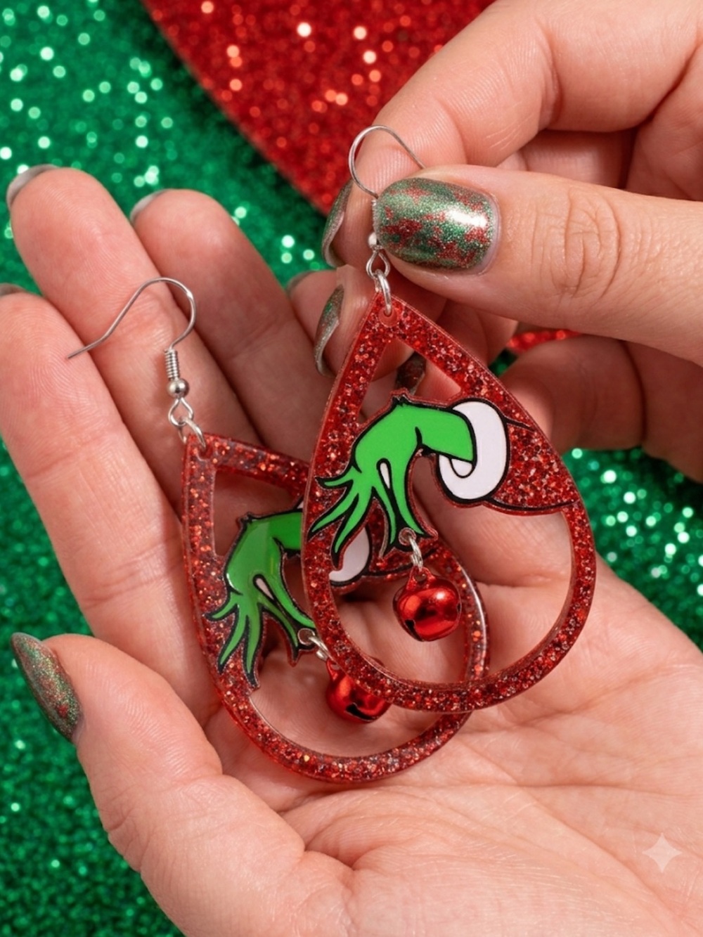 Glitter Grinch Red & Green‎ Dangle Earrings Nickel Free